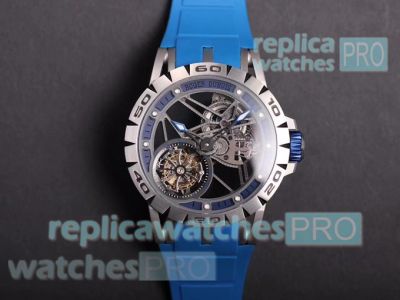 Swiss Replica Roger Dubuis Excalibur Spider Flying Tourbillon Blue Rubber Strap Watch